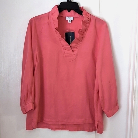 crown & ivy Tops - Crown & Ivy Coral Pink Ruffle Neck Blouse. Size Petite Large. NEW $64